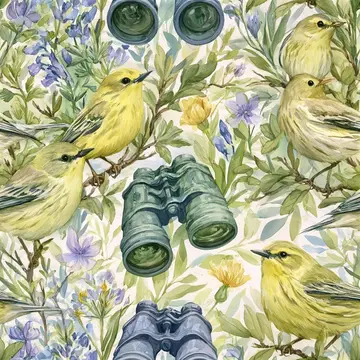 Watercolor Bird Watching Seamless Pattern