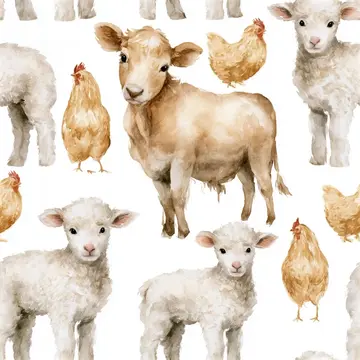 Watercolor Farm Animals Seamless Pattern